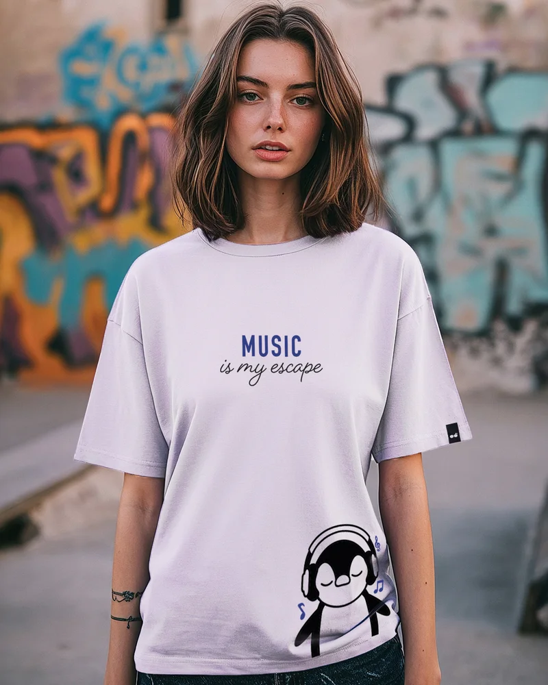 بيواكوف Women's Purple Music Is My Escape Graphic Printed Oversized T-shirt